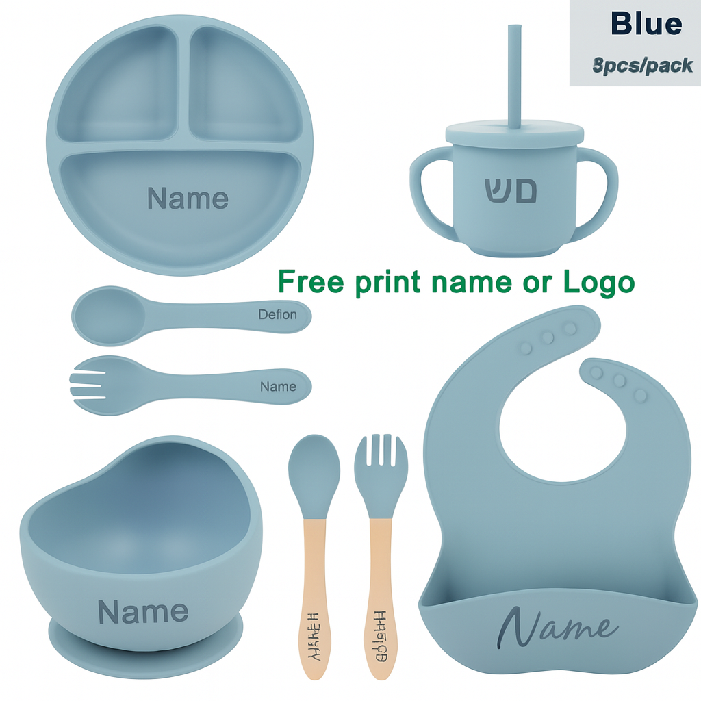 8Pcs Feeding Set For Baby Personalized Name Silicone