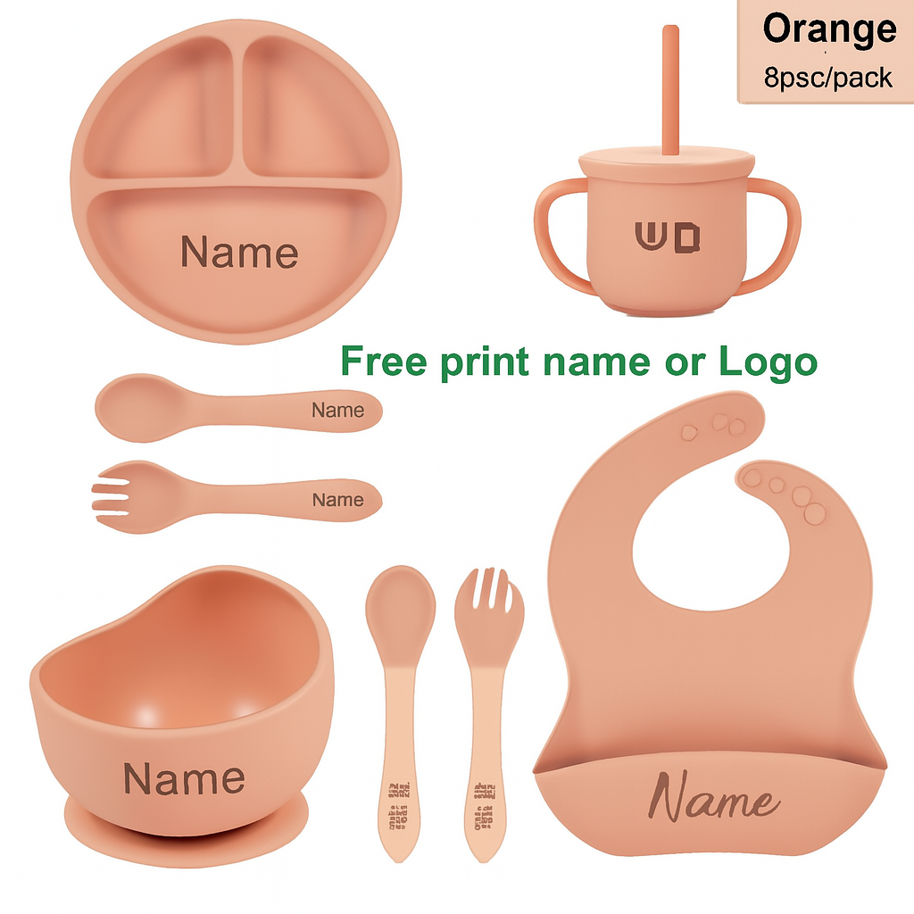 8Pcs Feeding Set For Baby Personalized Name Silicone