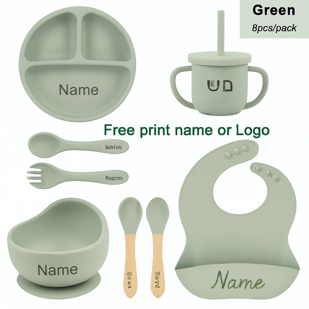 8Pcs Feeding Set For Baby Personalized Name Silicone